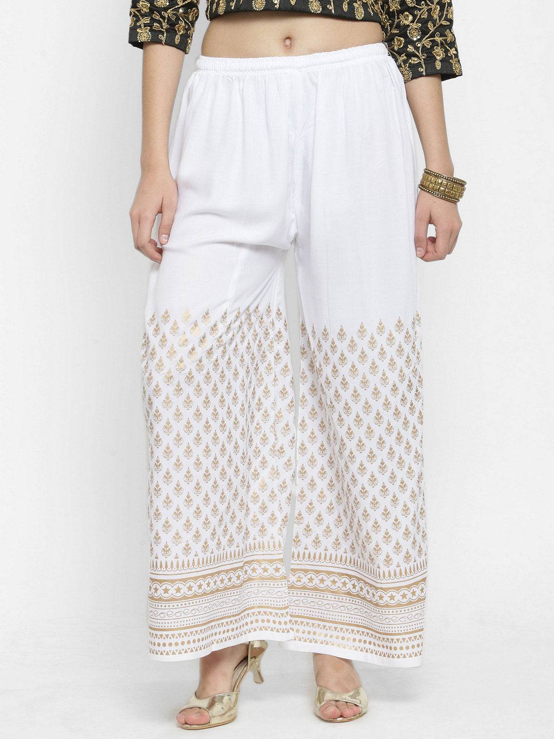 White printed rayon palazzo for casual outfits.