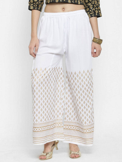 White printed rayon palazzo for casual outfits.