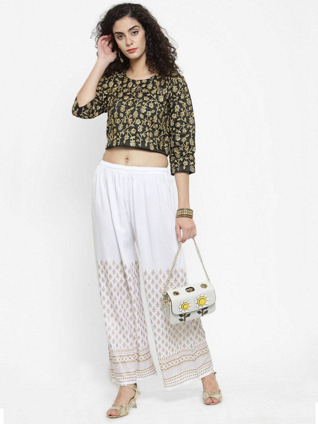 White printed rayon palazzo for casual wardrobe elegance.