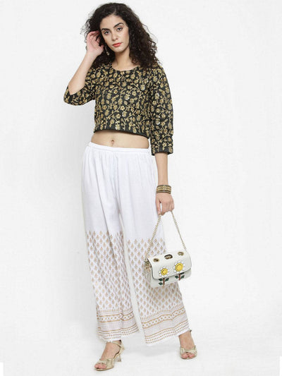 White printed rayon palazzo for casual wardrobe elegance.