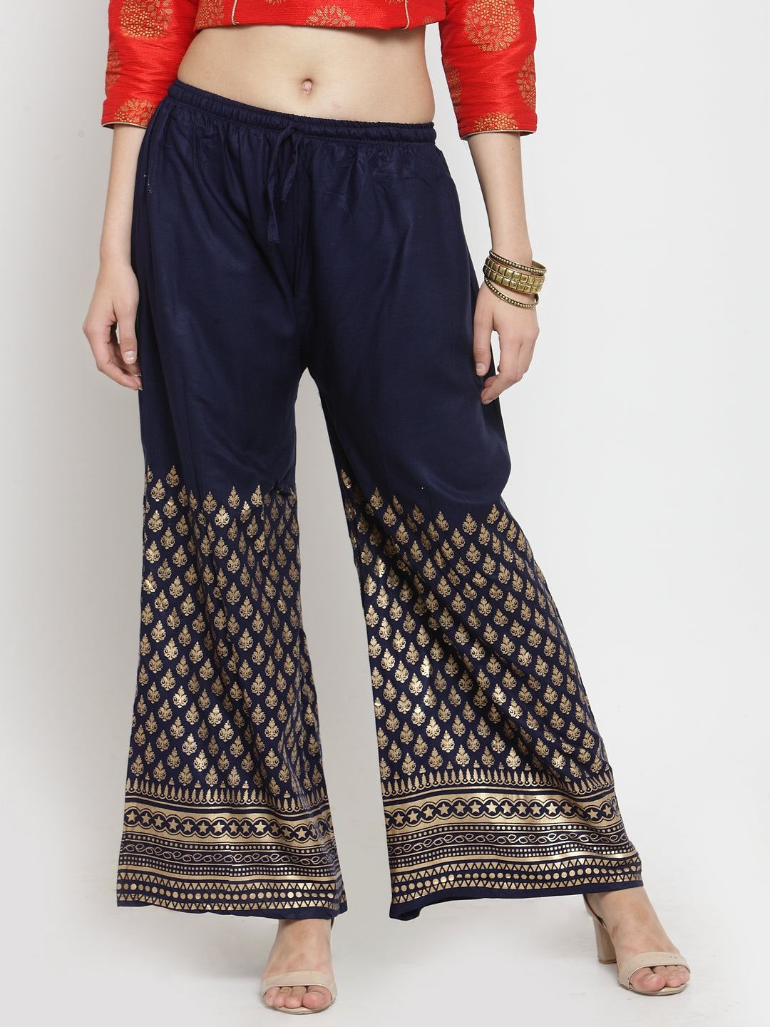 Navy Blue Printed Rayon Palazzo with intricate gold patterns.