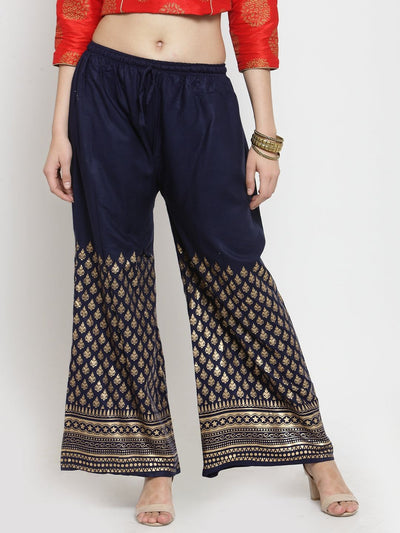 Navy Blue Printed Rayon Palazzo with intricate gold patterns.