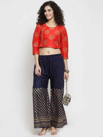 Navy blue printed rayon palazzo for women with intricate design.
