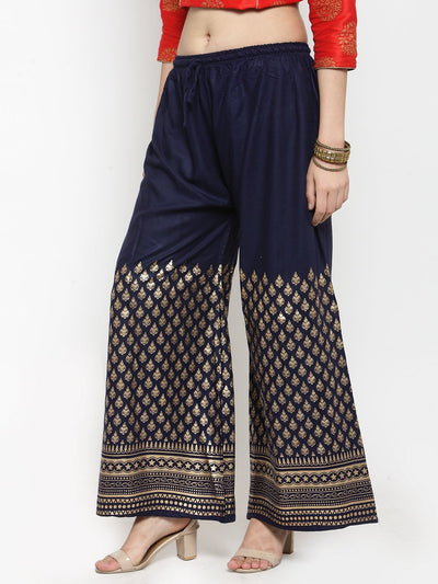 Navy blue printed rayon palazzo with gold patterns, ideal for a casual yet classy look.