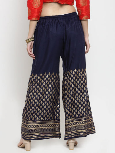 Navy blue printed rayon palazzo with gold patterns, fashion-forward casual wear.