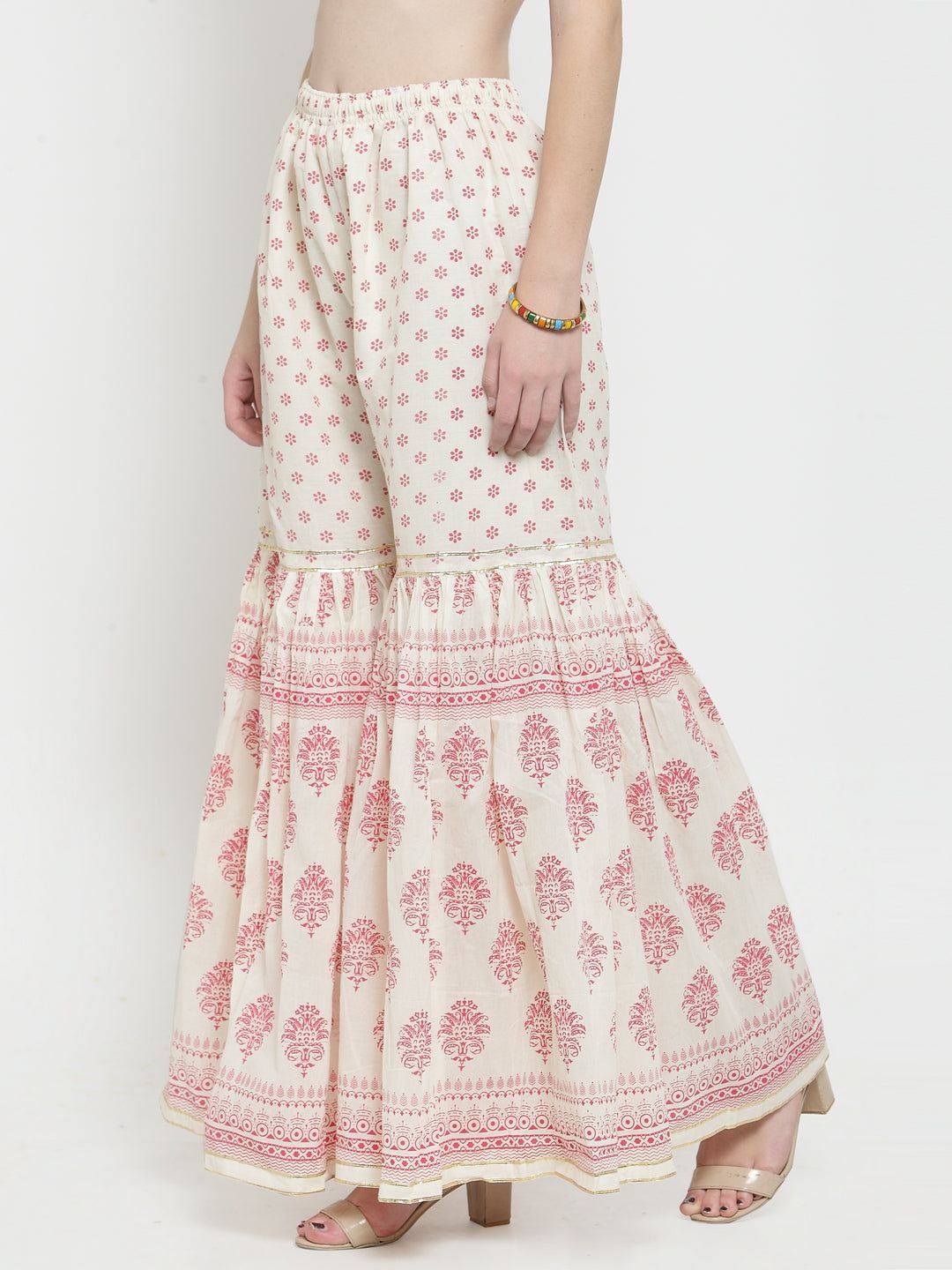 Magenta Gotta Printed Gharara with ethnic design and flared silhouette.