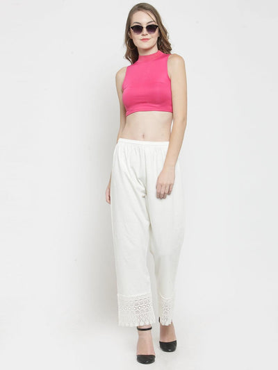 Off-White Viscose Lace Palazzo with crochet detail.