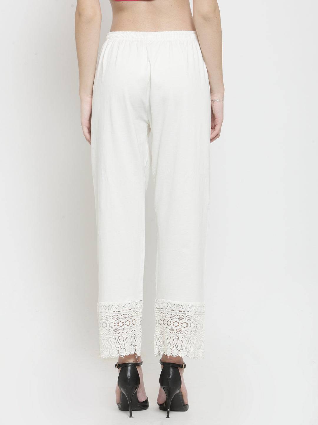 Off-White Viscose Lace Palazzo with intricate lace details.