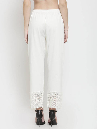 Off-White Viscose Lace Palazzo with intricate lace details.