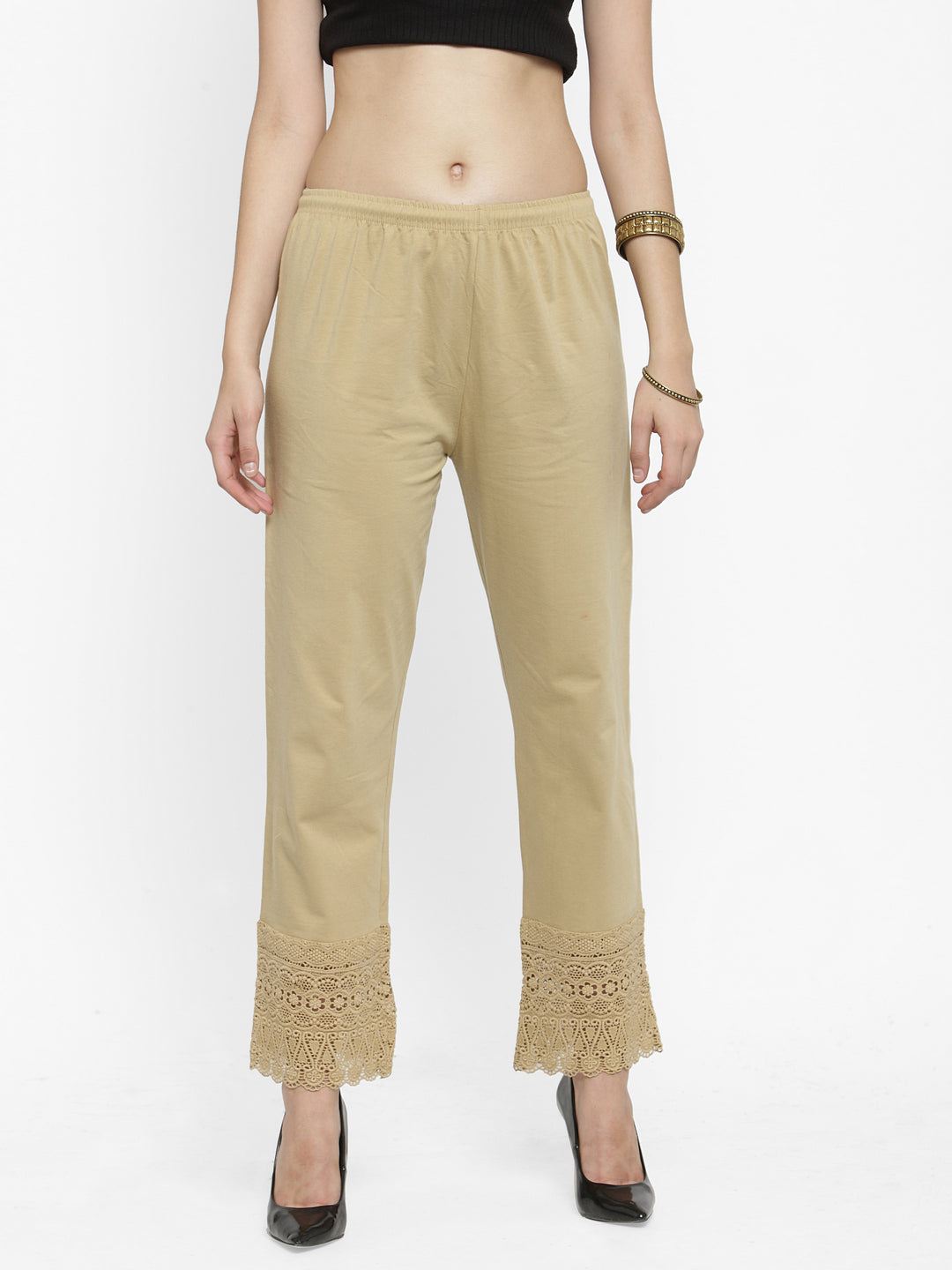 Fawn viscose lace palazzo with elegant hem detailing.
