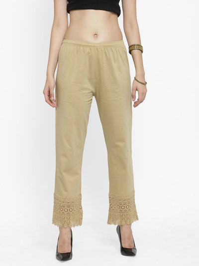 Fawn viscose lace palazzo with elegant hem detailing.