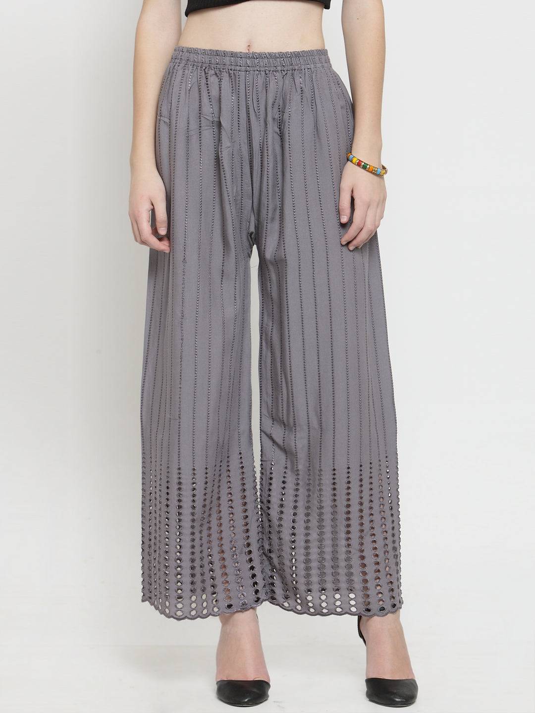 Grey rayon straight palazzo with intricate cutwork design, ideal for a stylish and comfortable look.
