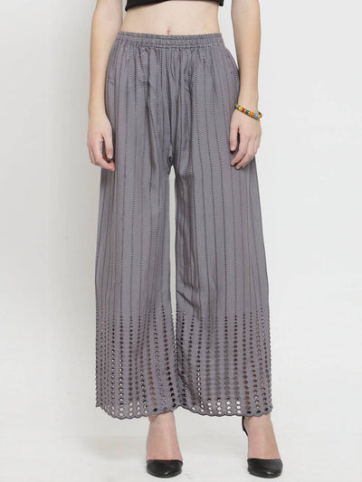 Grey rayon straight palazzo with intricate cutwork design, ideal for a stylish and comfortable look.