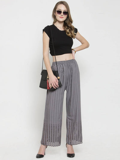 Grey rayon straight palazzo pants with stylish design.