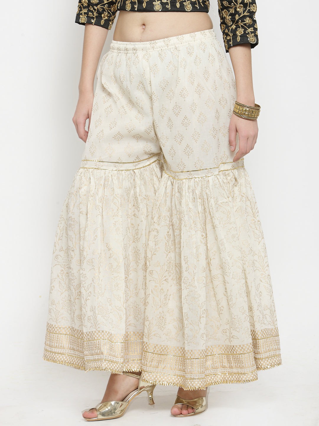 Off-White Printed Gharara with Elasticated Waistband and Gold Gotta Patti Hem.