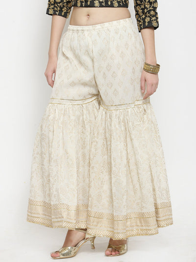 Off-White Printed Gharara with Elasticated Waistband and Gold Gotta Patti Hem.
