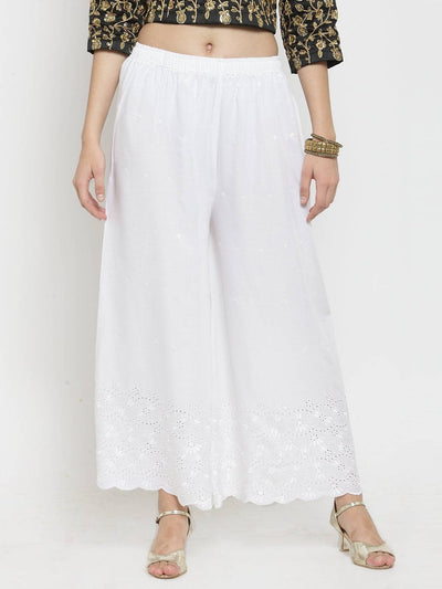 White half chikankari rayon sharara featuring elegant embroidery.