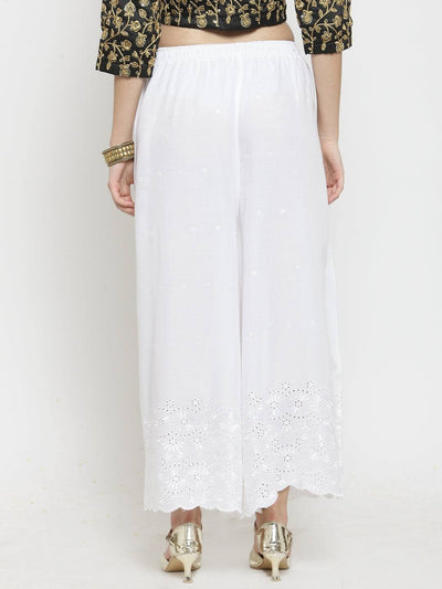White Half Chikankari Rayon Sharara with delicate embroidery and soft fabric.