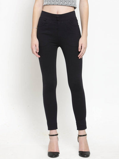 Navy Blue Solid Jeggings paired with crop top and high heels.