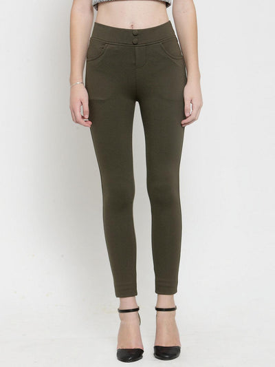 Olive solid jeggings, regular fit, perfect with crop top and heels.