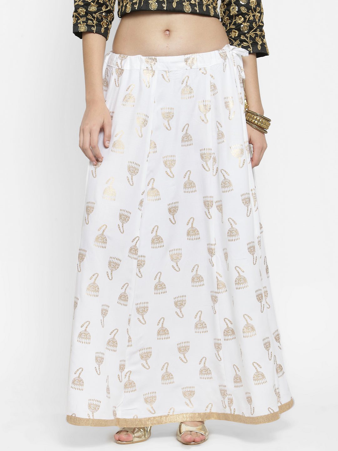 White printed maxi skirt with elegant patterns and a flowing design.