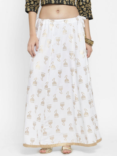 White printed maxi skirt with elegant patterns and a flowing design.