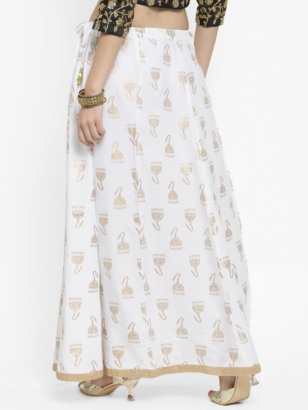 White printed maxi skirt with paisley pattern, made from Rayon fabric.