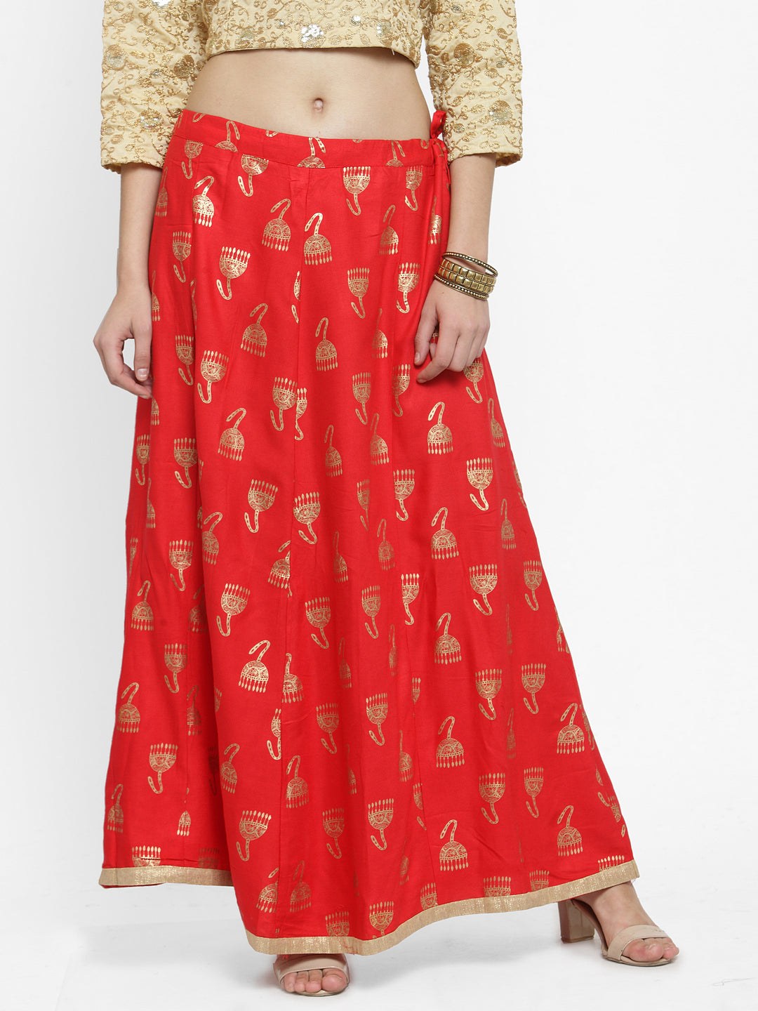 Red printed maxi skirt in Rayon fabric with elegant design.