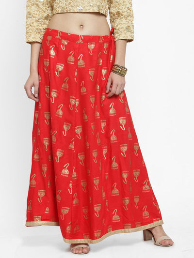 Red printed maxi skirt in Rayon fabric with elegant design.