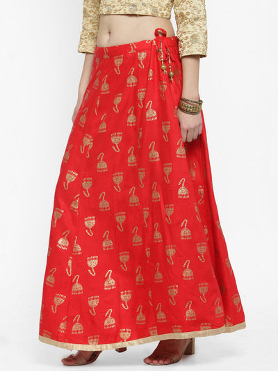 Red printed maxi skirt in Rayon, featuring a charming design.