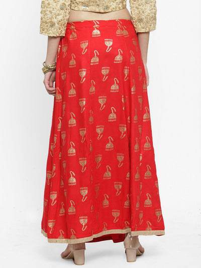 Red printed maxi skirt with stylish design in rayon fabric.