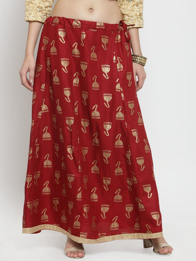 Maroon Printed Maxi Skirt in rayon fabric with ethnic motifs.