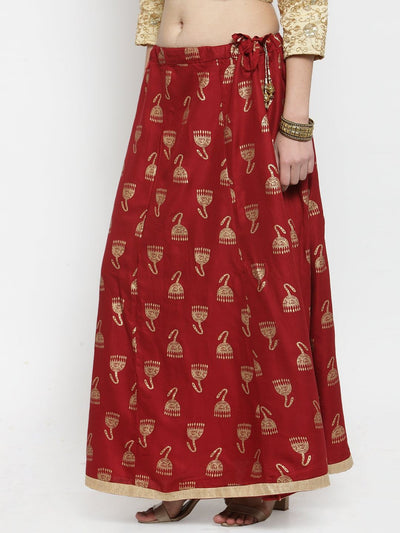 Maroon printed maxi skirt made from rayon fabric with stylish pattern design.