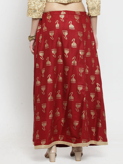 Maroon printed maxi skirt with intricate designs made from Rayon fabric.