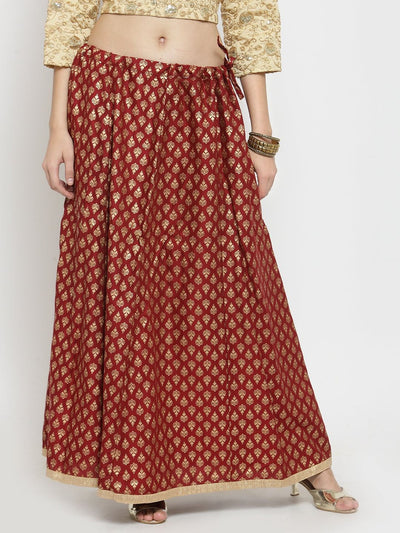 Clora Maroon Printed Rayon Flared Skirt