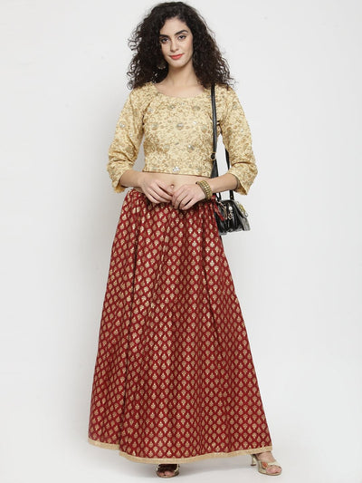 Clora Maroon Printed Rayon Flared Skirt