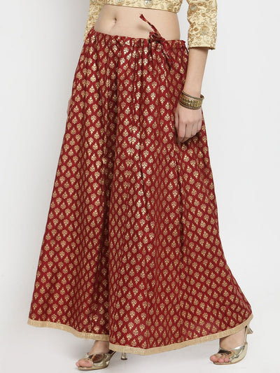 Clora Maroon Printed Rayon Flared Skirt