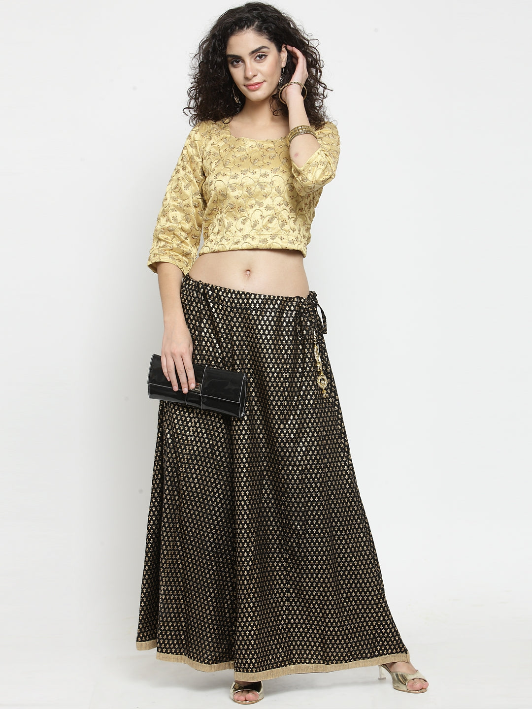 Clora Black Printed Rayon Maxi Skirt