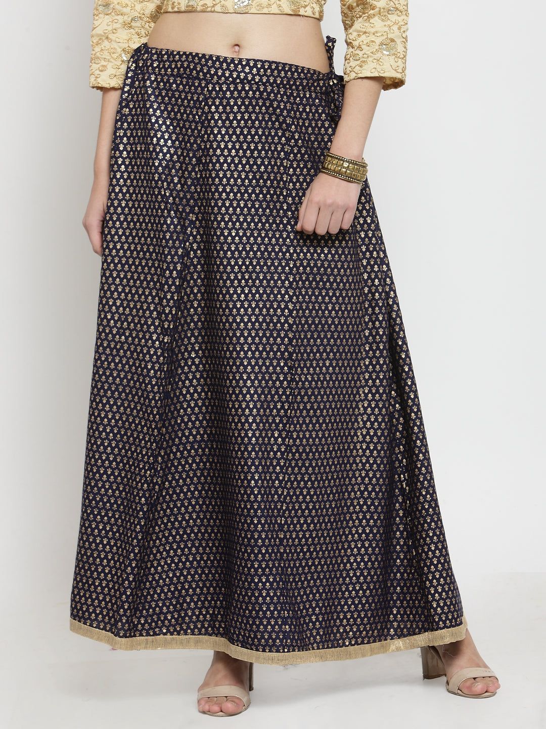 Clora Navy Blue Printed Rayon Maxi Skirt