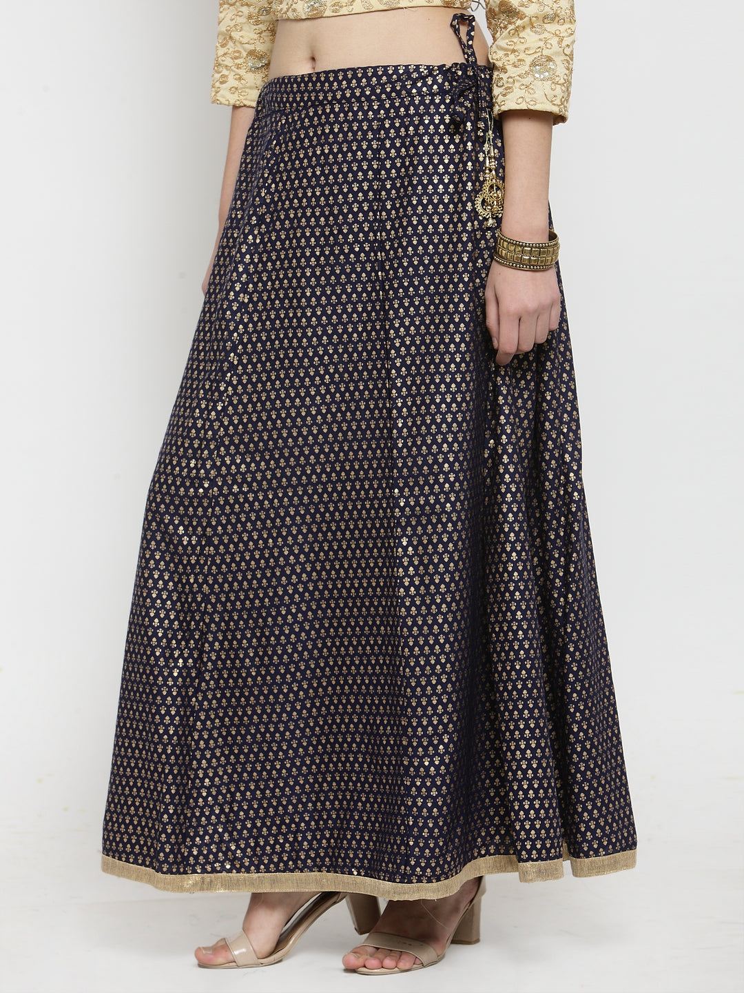 Clora Navy Blue Printed Rayon Maxi Skirt