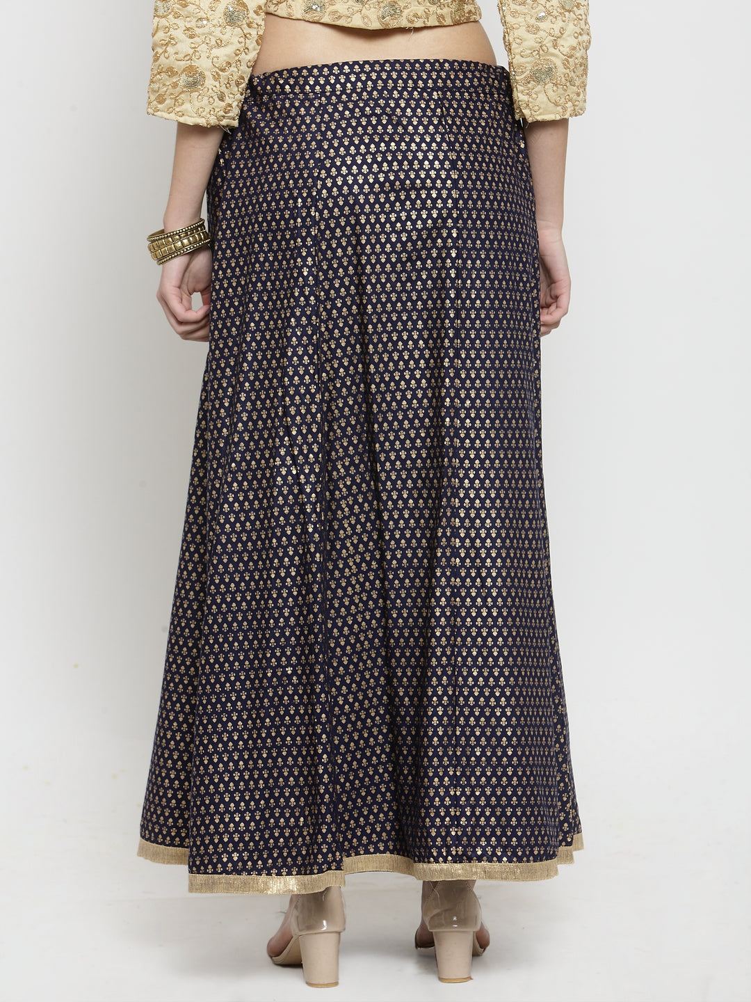 Clora Navy Blue Printed Rayon Maxi Skirt