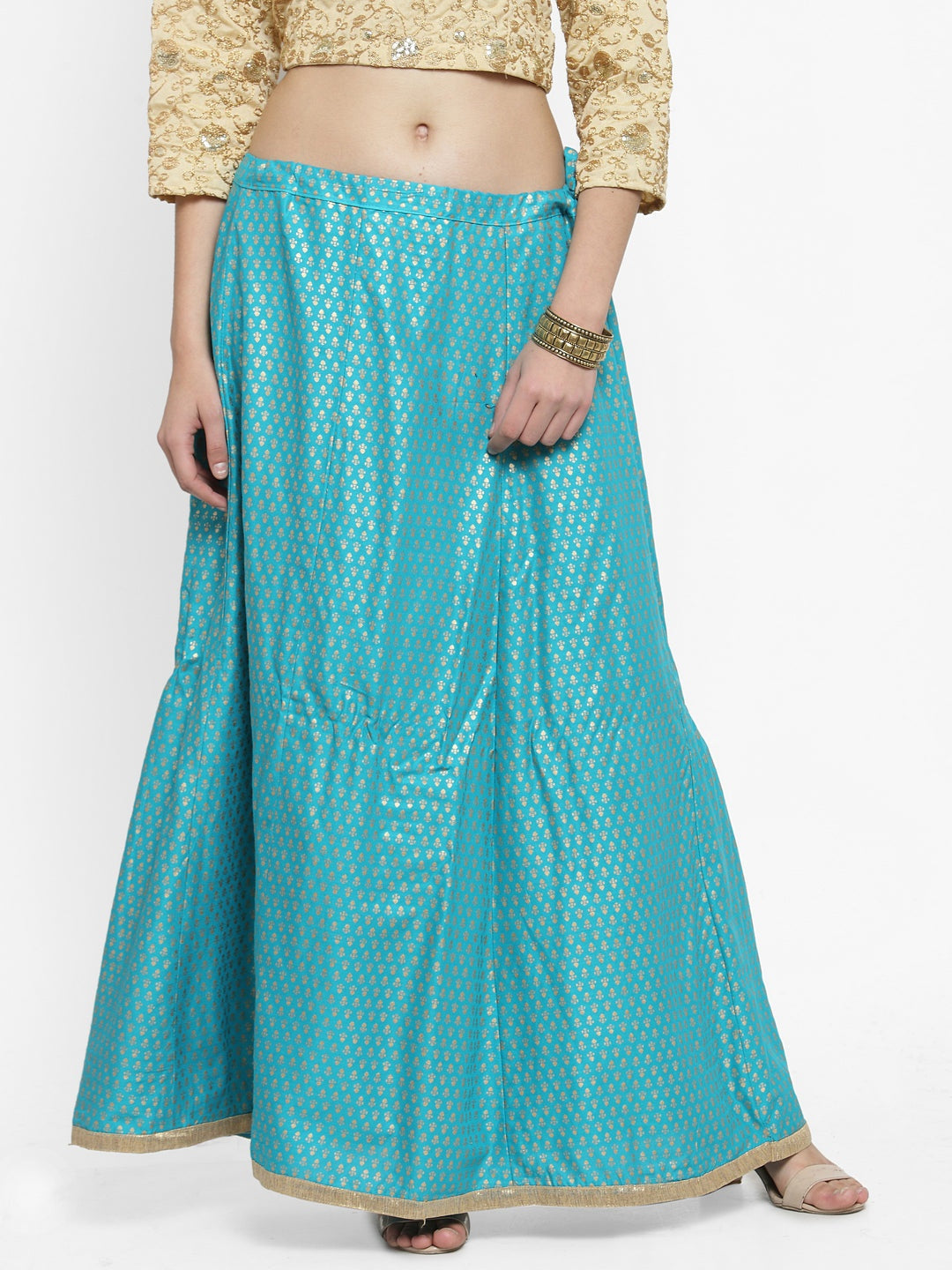 Turquoise printed rayon maxi skirt with a charming pattern and classy look.