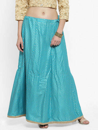 Turquoise printed rayon maxi skirt with a charming pattern and classy look.
