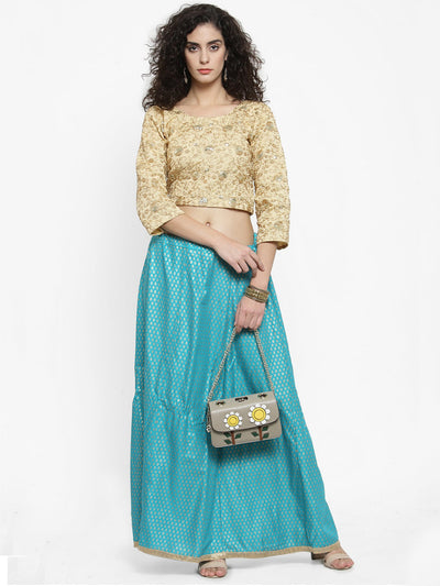 Turquoise printed rayon maxi skirt with stylish design and comfortable fit.