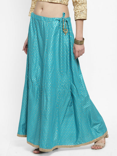 Turquoise printed rayon maxi skirt with a stylish geometric pattern.