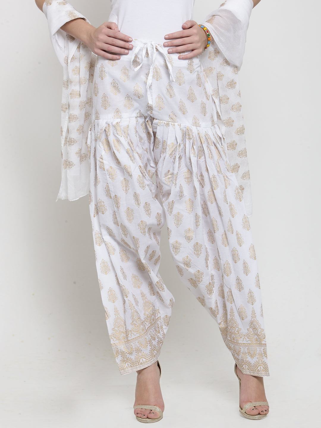 White printed salwar dupatta set made from cotton showcasing bright and fashionable design.