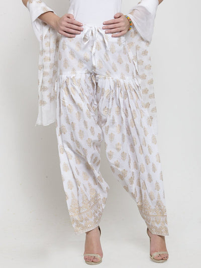 White printed salwar dupatta set made from cotton showcasing bright and fashionable design.