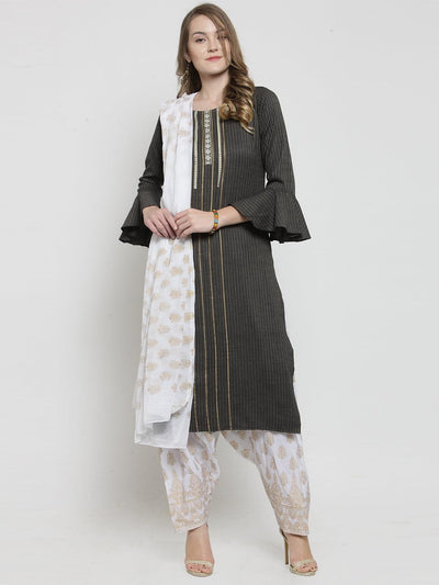 White printed salwar dupatta set with cotton fabric and fashionable design.