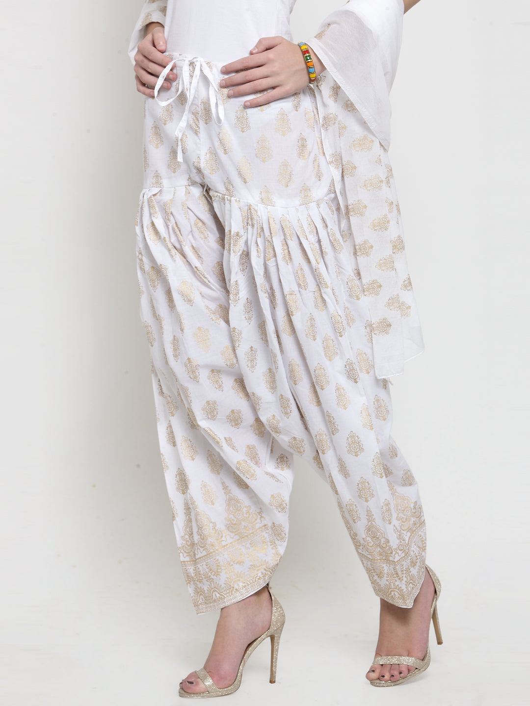 White Printed Salwar Dupatta Set made from cotton, featuring bright and fashionable prints.