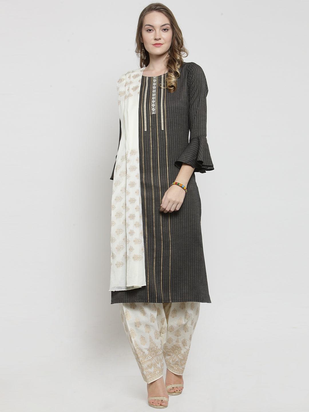 Off-White Printed Salwar Dupatta Set made from cotton by Clora.